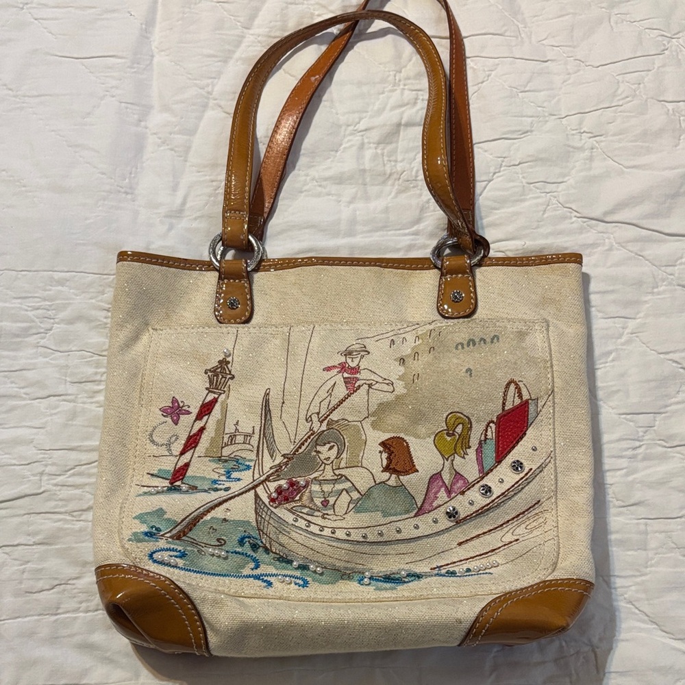 Brighton Giada Venice Italy Canvas Shoulder Bag with Brown Trim